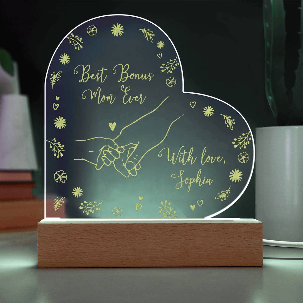 Best Bonus Mom Ever Gifts For Mother's Day Custom Name Engraved Acrylic Heart Plaque