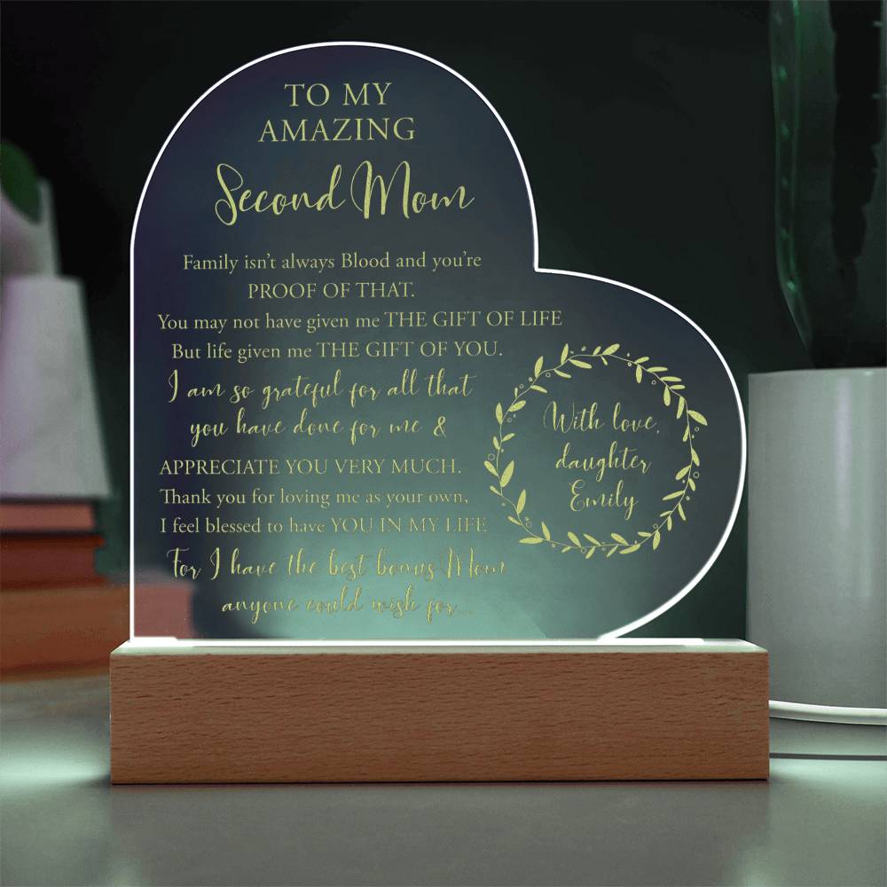 TO MY AMAZING Second Mom Gifts For Mother's Day Custom Name Engraved Acrylic Heart Plaque