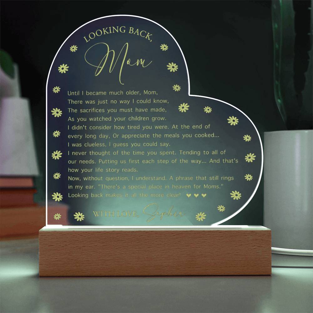 Looking Back Mom Gifts For Mother's Day Personalized Name Engraved Acrylic Heart Plaque