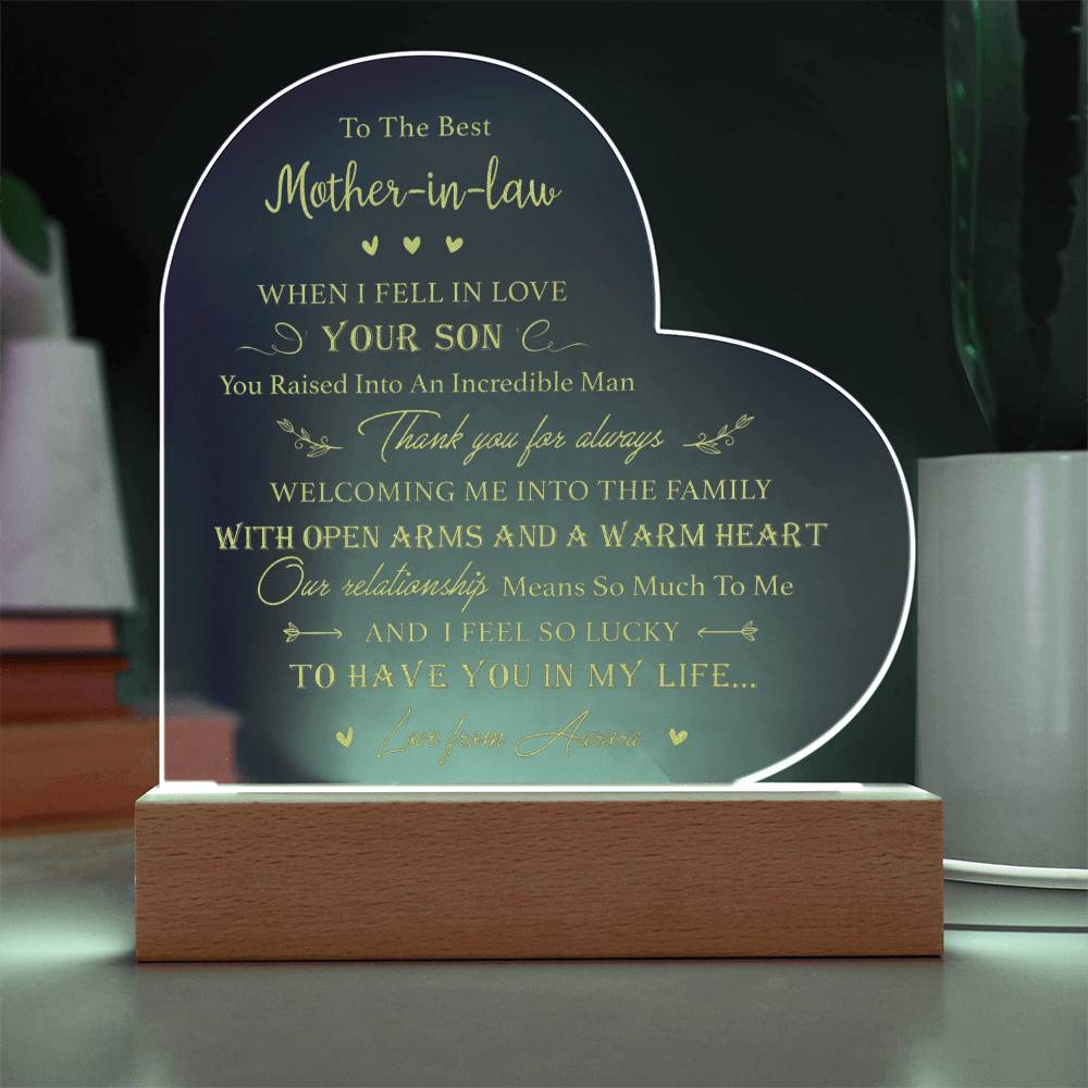 To The Best Mother In Law Gifts For Mother's Day Personalized Name Engraved Acrylic Heart Plaque