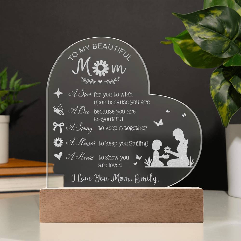 I LOVE YOU MOM Gifts For Mother's Day Custom Name Engraved Acrylic Heart Plaque