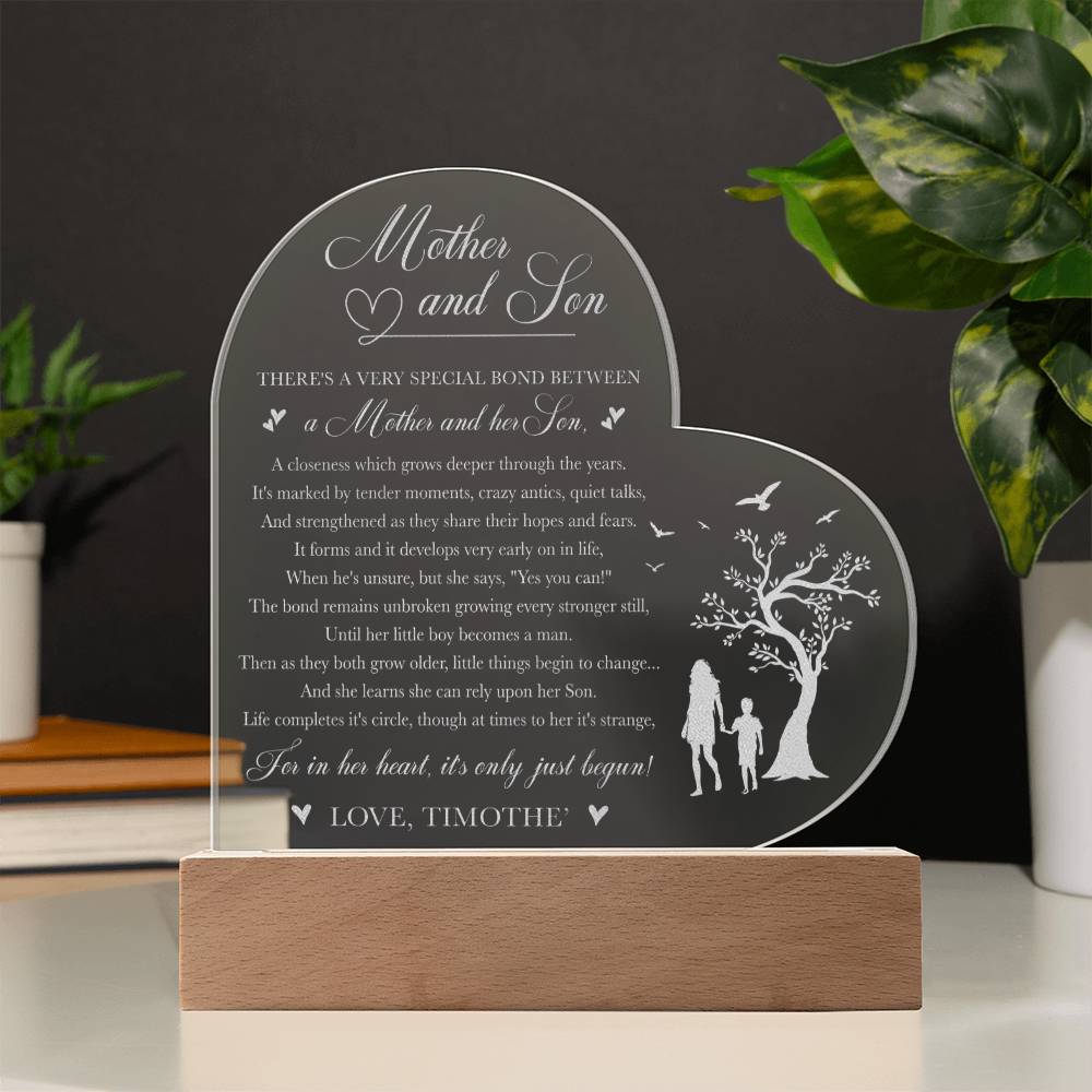 Mother and Son There's A Very Special Bond Between Gifts For Mother's Day Custom Name Engraved Acrylic Heart Plaque