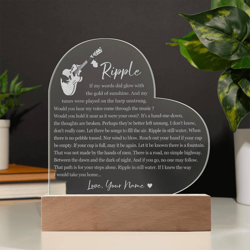 Grateful Dead Ripple Lyric Heart Shape Custom Name Engraved Acrylic Heart Plaque