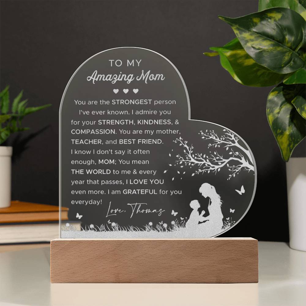 To My Amazing Mom, I Am Grateful For You Everyday Gifts For Mother's Day Custom Name Engraved Acrylic Heart Plaque