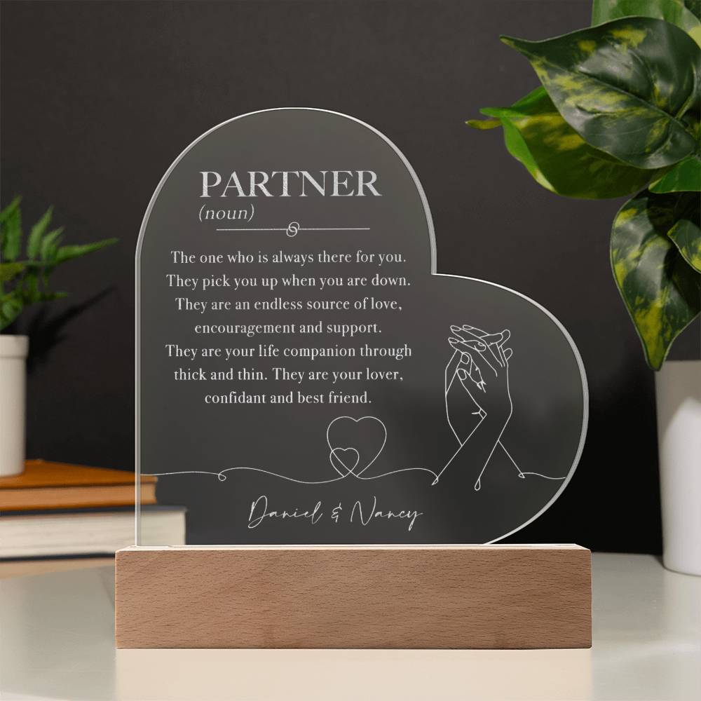 Partner (Noun) Custom Name Engraved Acrylic Heart Plaque