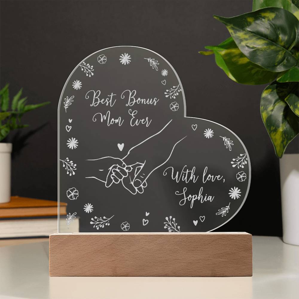 Best Bonus Mom Ever Gifts For Mother's Day Custom Name Engraved Acrylic Heart Plaque