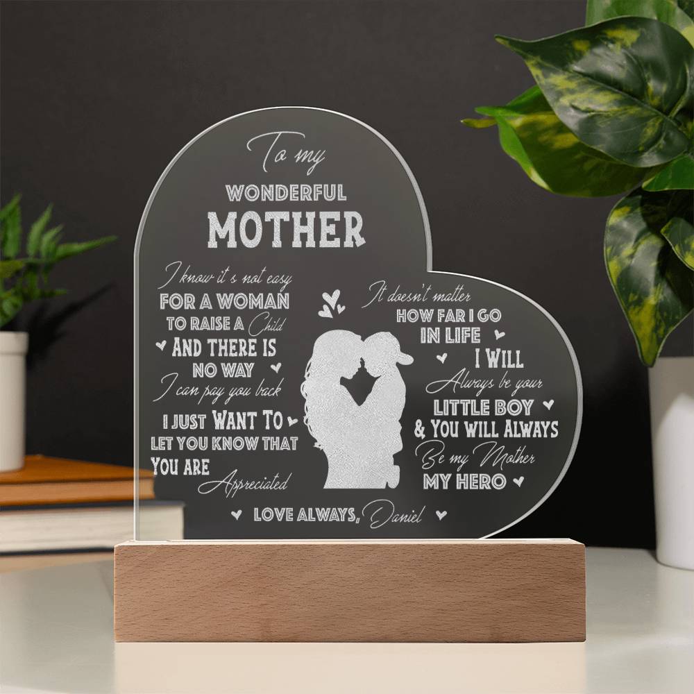 To My Wonderful Mother Gifts For Mother's Day Personalized Name Engraved Acrylic Heart Plaque