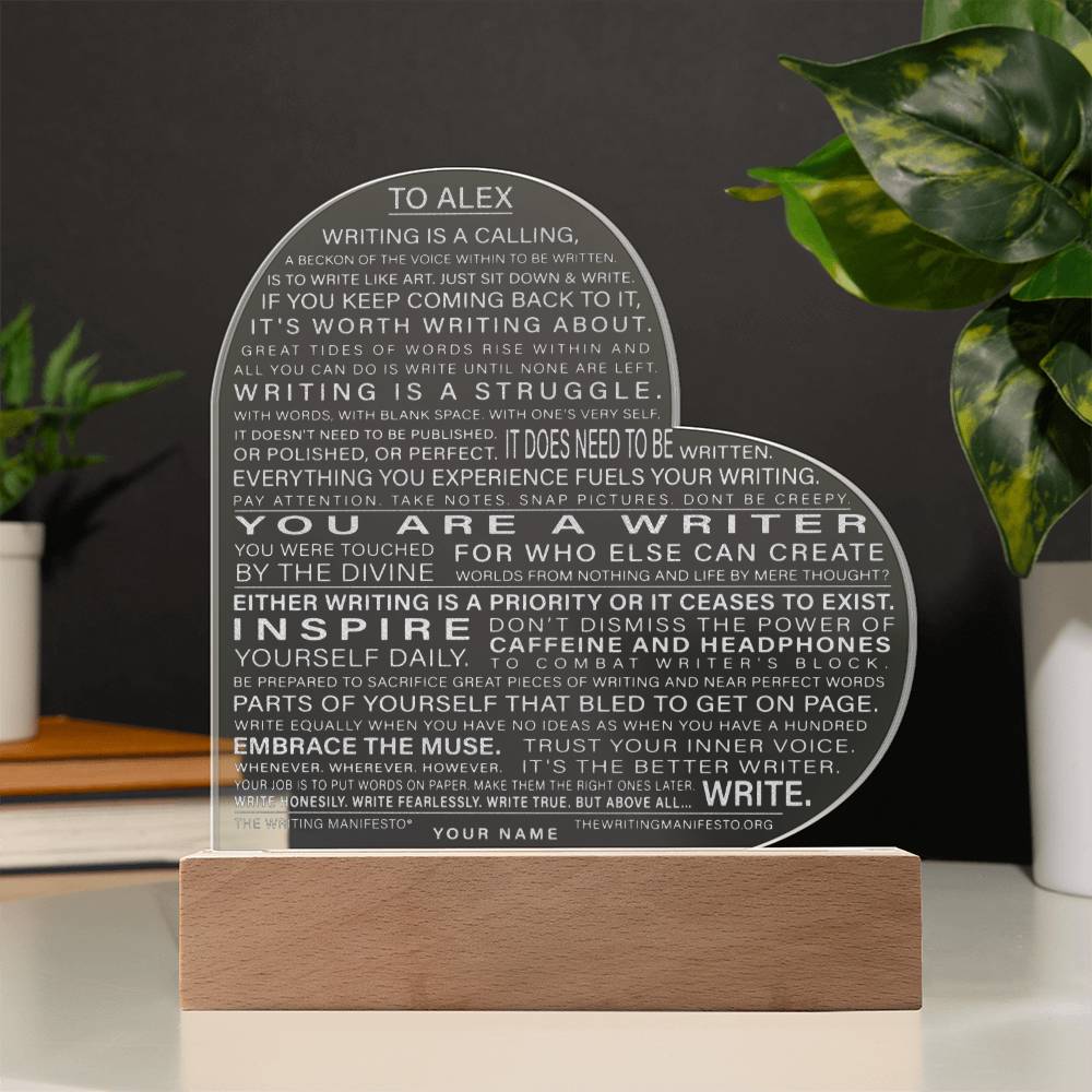 The Writing Manifesto Print Gift for Writer Author Poet Custom Name Engraved Acrylic Heart Plaque