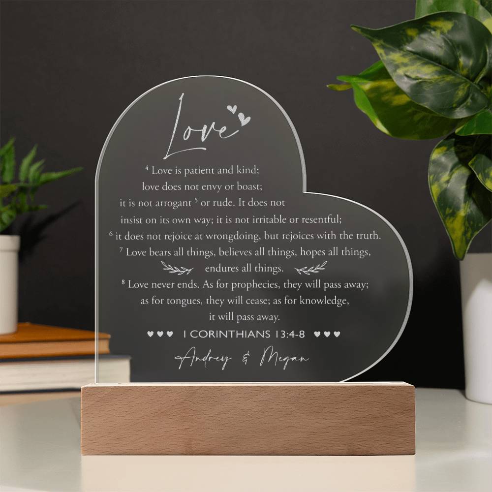 Personalized Name I Corinthians 13-4-8 Engraved Acrylic Heart Plaque