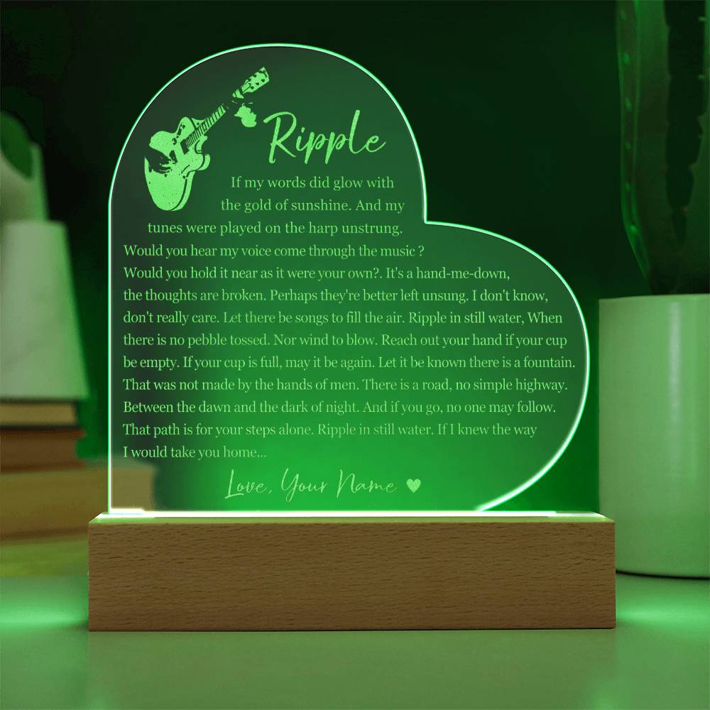 Grateful Dead Ripple Lyric Heart Shape Custom Name Engraved Acrylic Heart Plaque