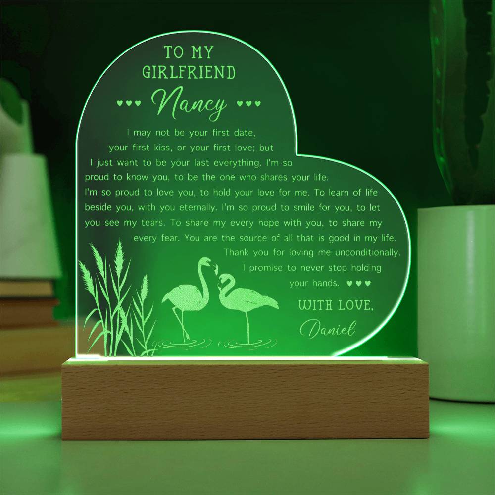 Flamingo I May Not Be Your First Date Personalized Name Engraved Acrylic Heart Plaque