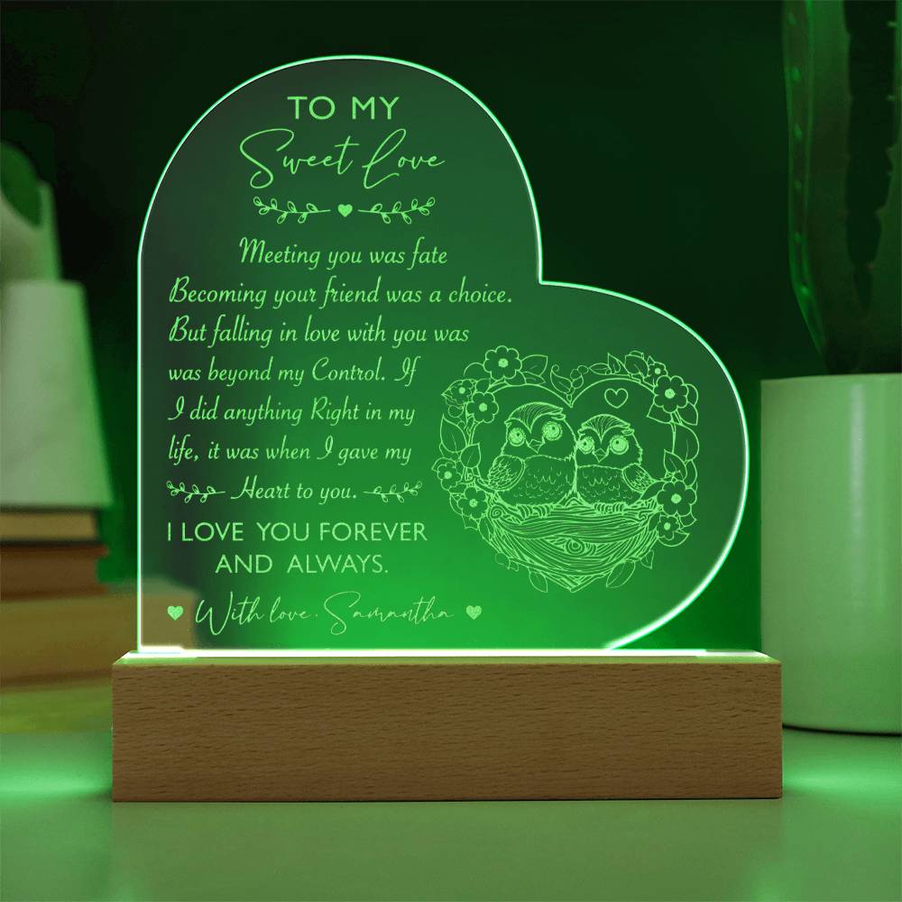 Owl Couple I Love You Forever And Always Personalized Name Engraved Acrylic Heart Plaque