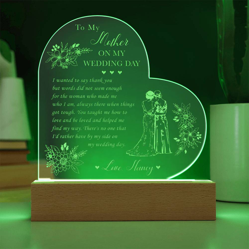 To My Mother ON MY WEDDING DAY Gifts For Mother's Day Personalized Name Engraved Acrylic Heart Plaque