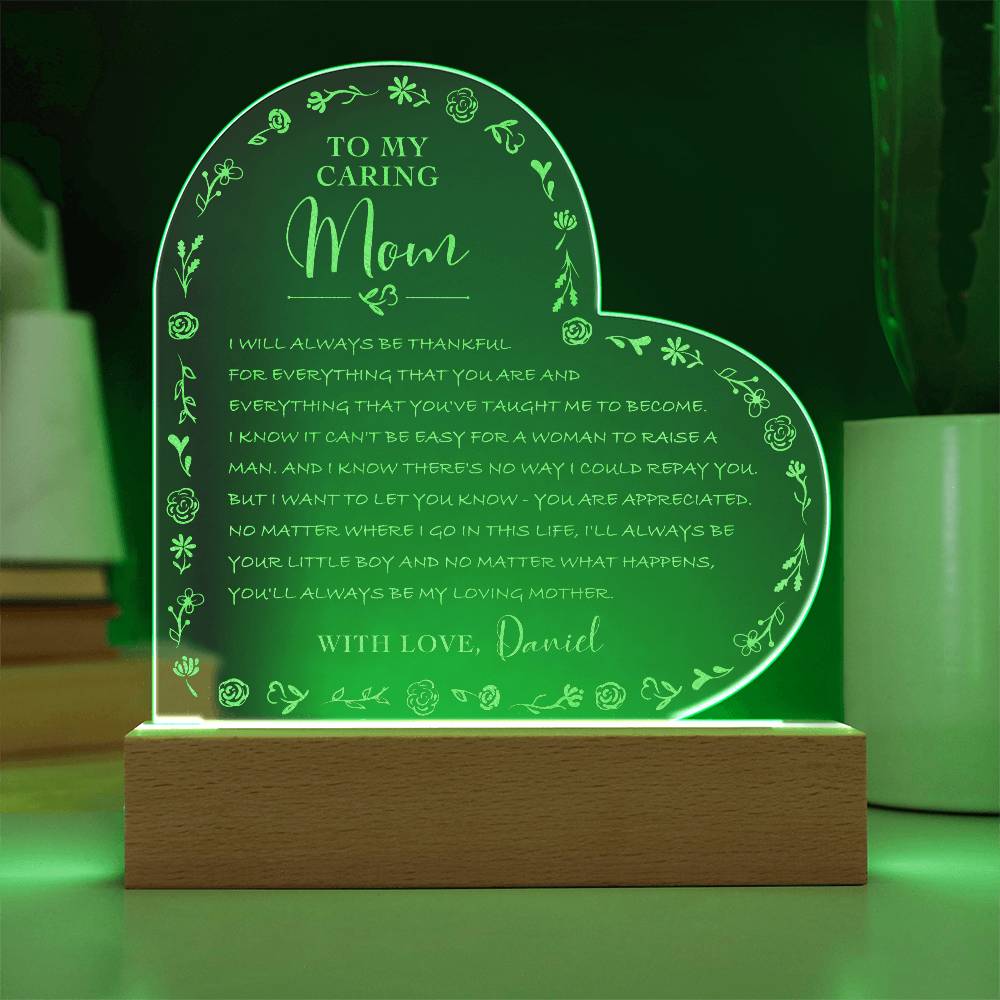 TO MY CARING MOM Gifts For Mother's Day Personalized Name Engraved Acrylic Heart Plaque