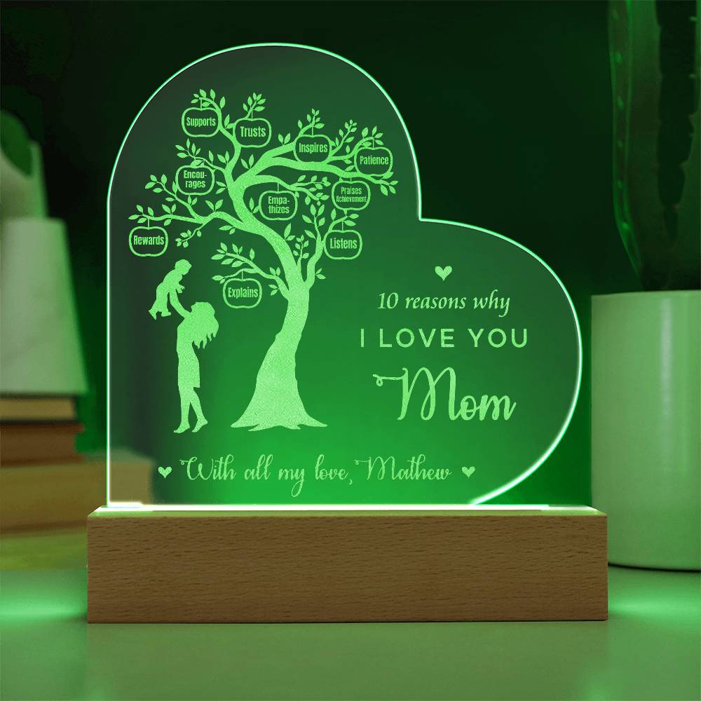 Reason Tree, 10 Reasons I Love You Mom Gifts For Mother's Day Custom Name Engraved Acrylic Heart Plaque