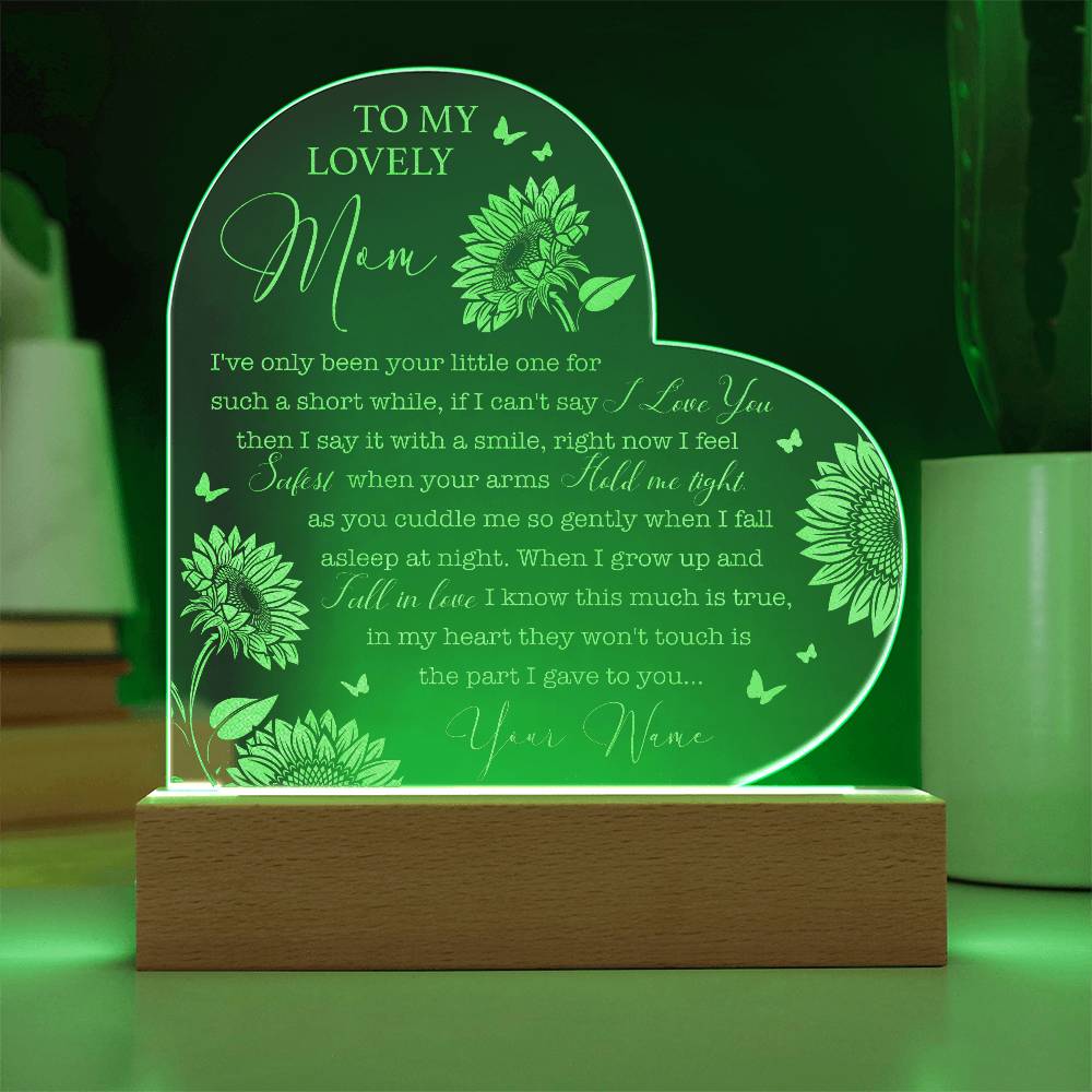 TO MY LOVELY MOM, SUNFLOWER & BUTTERFLY Gifts For Mother's Day Personalized Name Engraved Acrylic Heart Plaque