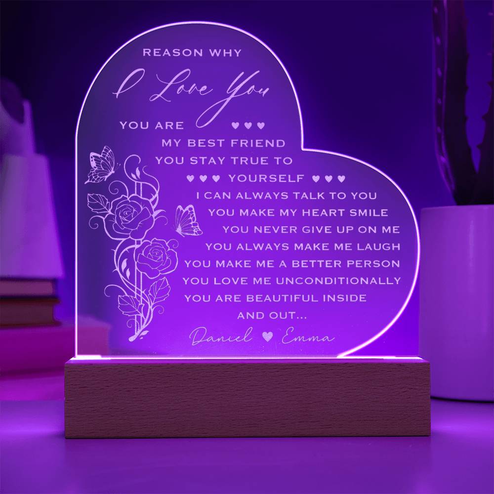 Personalized Name Reason Why I Love You Engraved Acrylic Heart Plaque