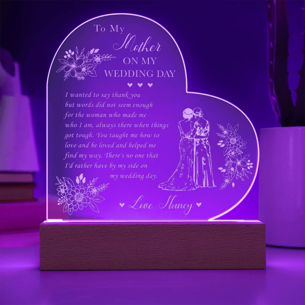 To My Mother ON MY WEDDING DAY Gifts For Mother's Day Personalized Name Engraved Acrylic Heart Plaque