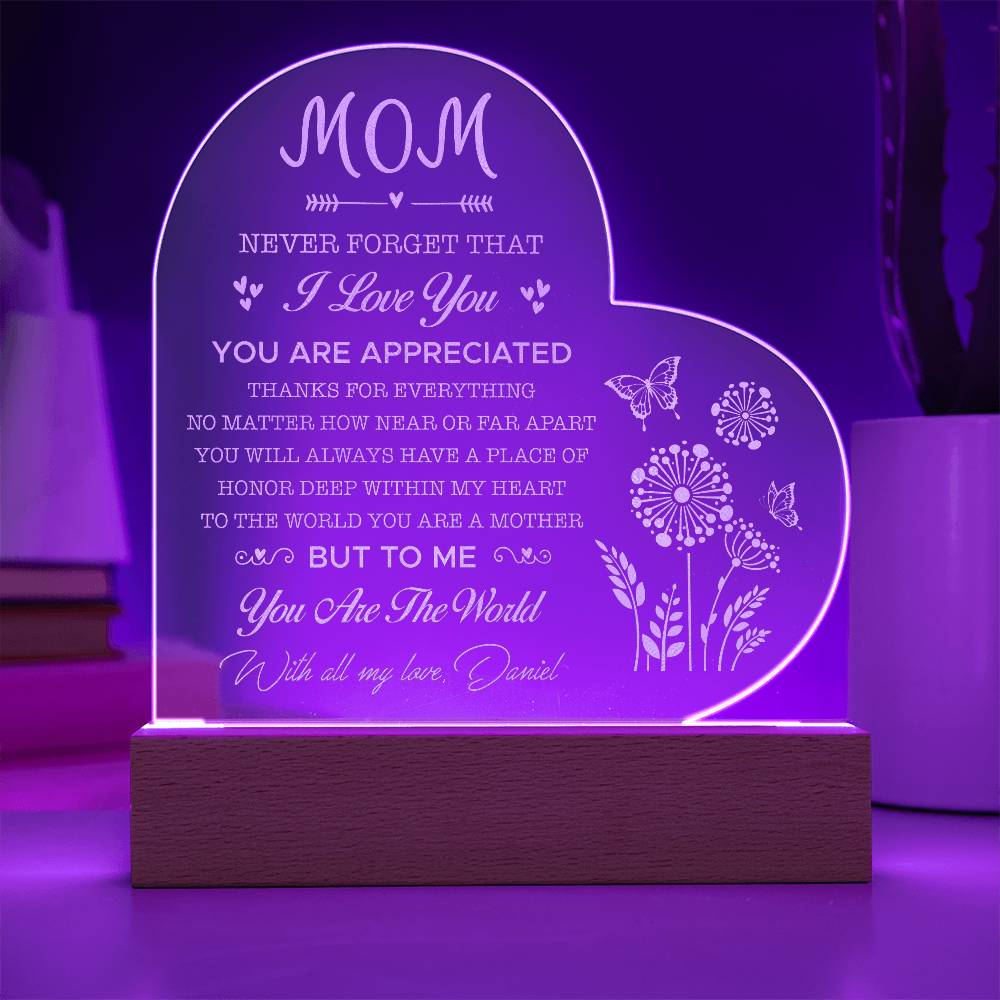 MOM Never Forget That I LOVE YOU Gifts For Mother's Day Personalized Name Engraved Acrylic Heart Plaque