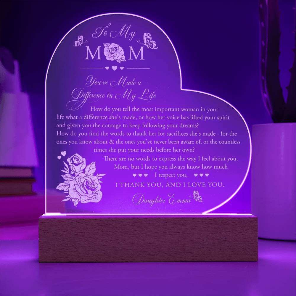 Mom You've Made A Difference in My Life Gifts For Mother's Day Personalized Name Engraved Acrylic Heart Plaque