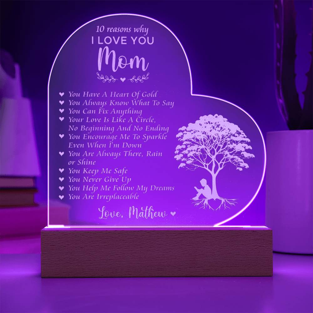 10 Reasons Why I Love You Mom Gifts For Mother's Day Custom Name Engraved Acrylic Heart Plaque