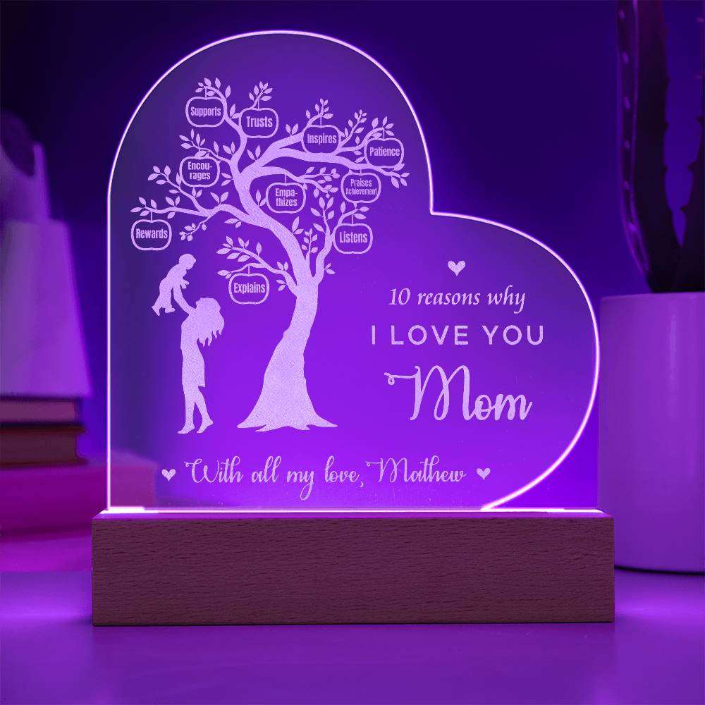 Reason Tree, 10 Reasons I Love You Mom Gifts For Mother's Day Custom Name Engraved Acrylic Heart Plaque