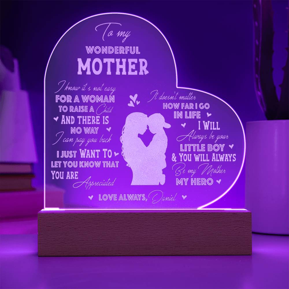 To My Wonderful Mother Gifts For Mother's Day Personalized Name Engraved Acrylic Heart Plaque