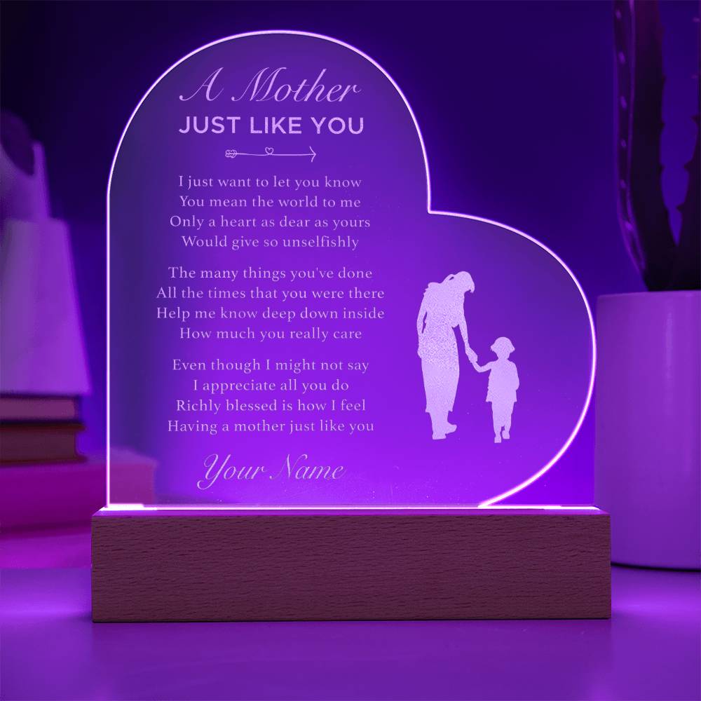 A Mother JUST LIKE YOU  Gifts For Mother's Day Personalized Name Engraved Acrylic Heart Plaque