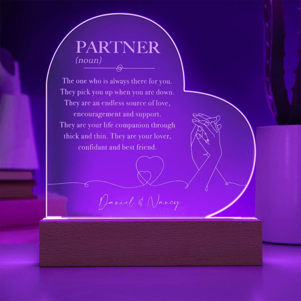 Partner (Noun) Custom Name Engraved Acrylic Heart Plaque