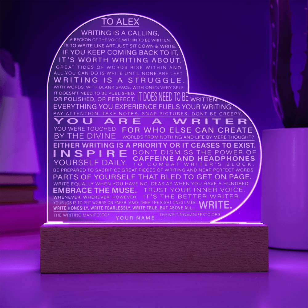 The Writing Manifesto Print Gift for Writer Author Poet Custom Name Engraved Acrylic Heart Plaque