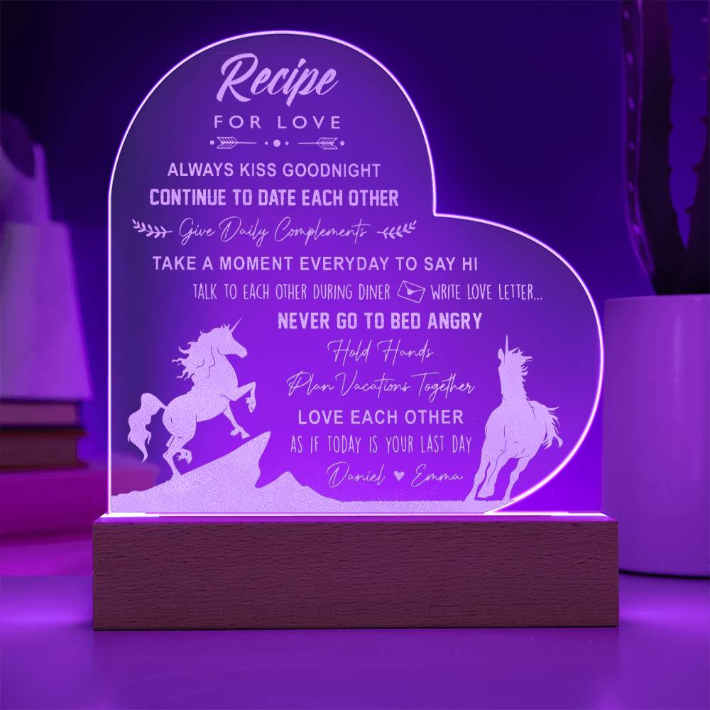 Custom Name Recipe For Love Engraved Acrylic Heart Plaque