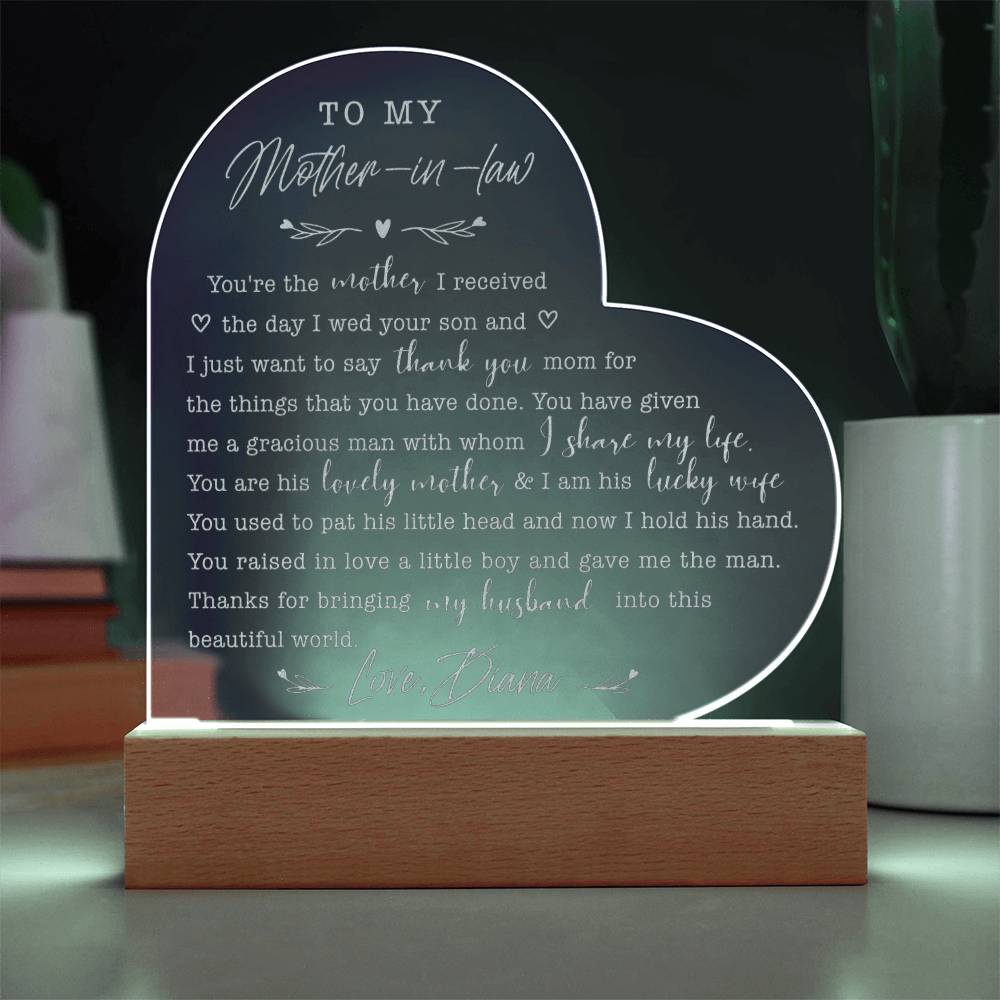 To My Mother-In-Low Gifts For Mother's Day Custom Name Engraved Acrylic Heart Plaque