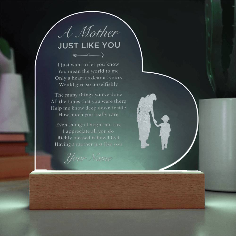 A Mother JUST LIKE YOU  Gifts For Mother's Day Personalized Name Engraved Acrylic Heart Plaque