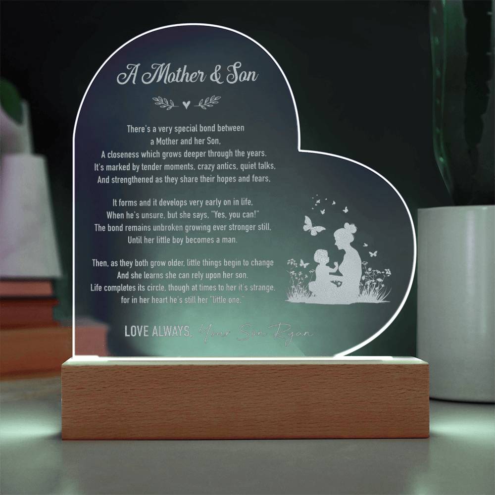 A Mother And Her Son Gifts For Mother's Day Personalized Name Engraved Acrylic Heart Plaque
