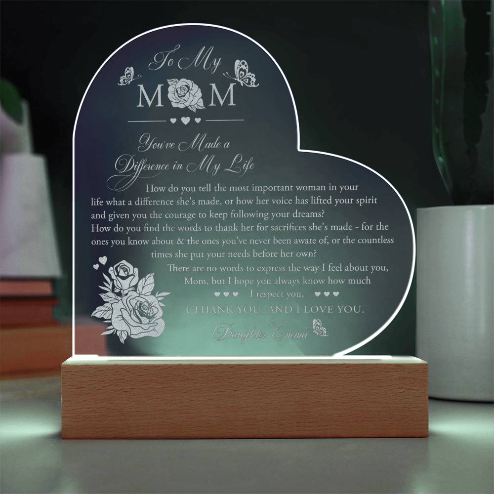 Mom You've Made A Difference in My Life Gifts For Mother's Day Personalized Name Engraved Acrylic Heart Plaque