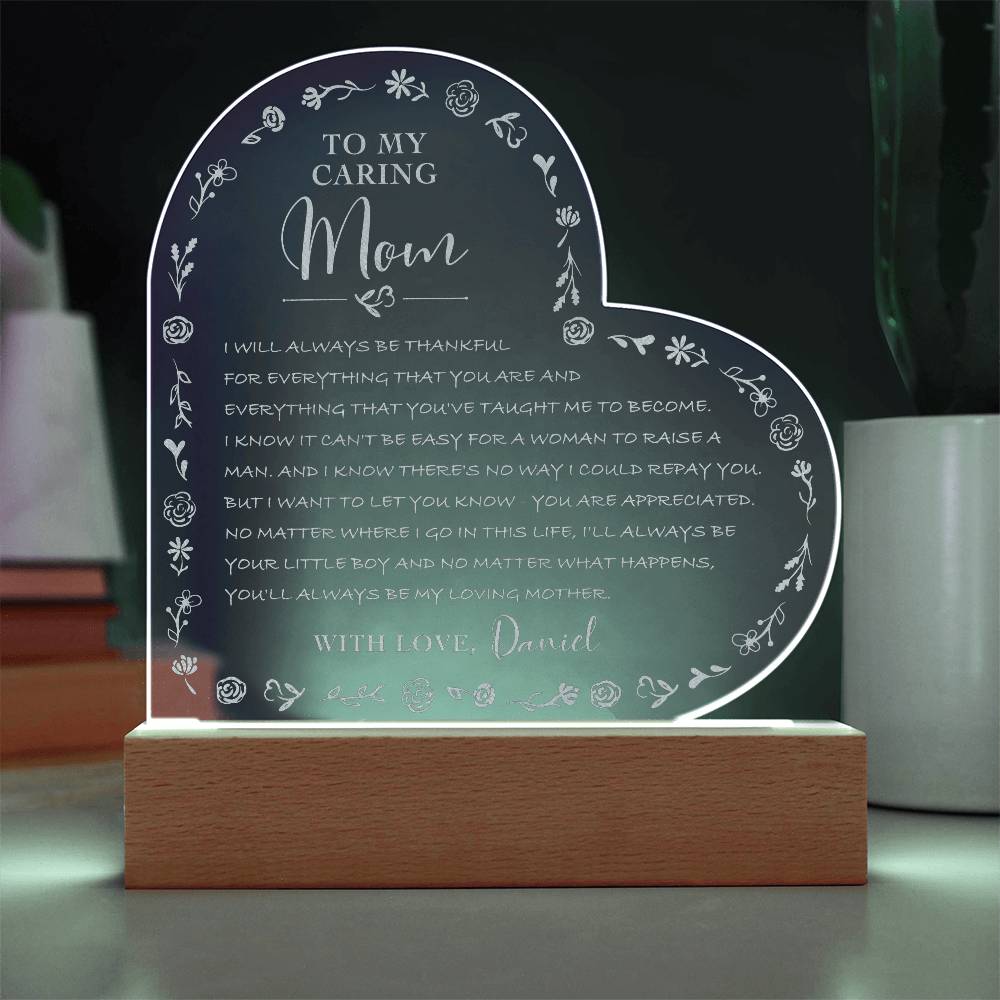 TO MY CARING MOM Gifts For Mother's Day Personalized Name Engraved Acrylic Heart Plaque