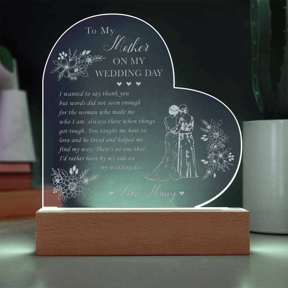 To My Mother ON MY WEDDING DAY Gifts For Mother's Day Personalized Name Engraved Acrylic Heart Plaque