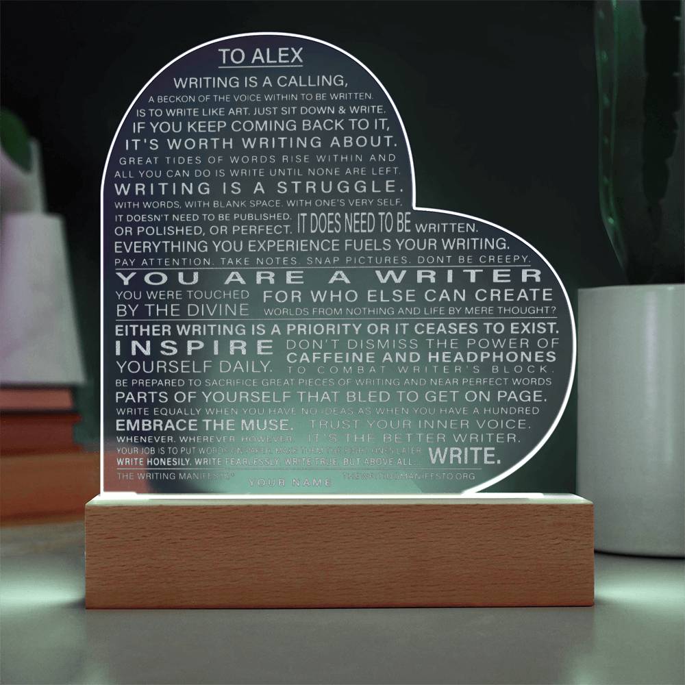 The Writing Manifesto Print Gift for Writer Author Poet Custom Name Engraved Acrylic Heart Plaque