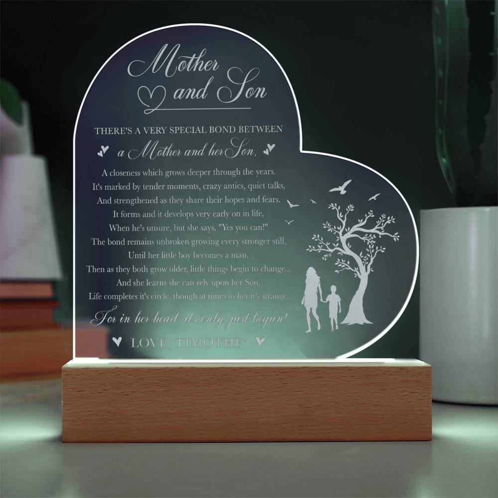 Mother and Son There's A Very Special Bond Between Gifts For Mother's Day Custom Name Engraved Acrylic Heart Plaque