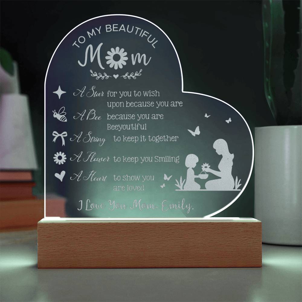 I LOVE YOU MOM Gifts For Mother's Day Custom Name Engraved Acrylic Heart Plaque