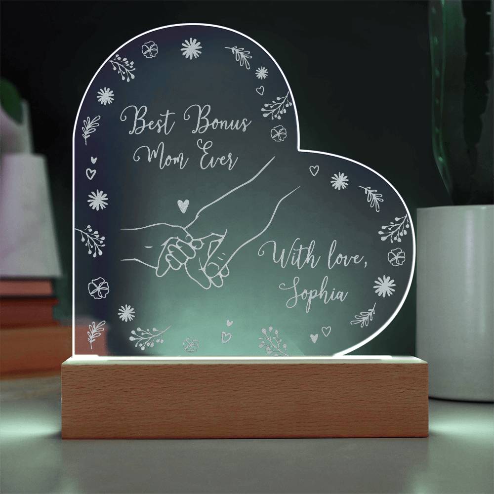 Best Bonus Mom Ever Gifts For Mother's Day Custom Name Engraved Acrylic Heart Plaque