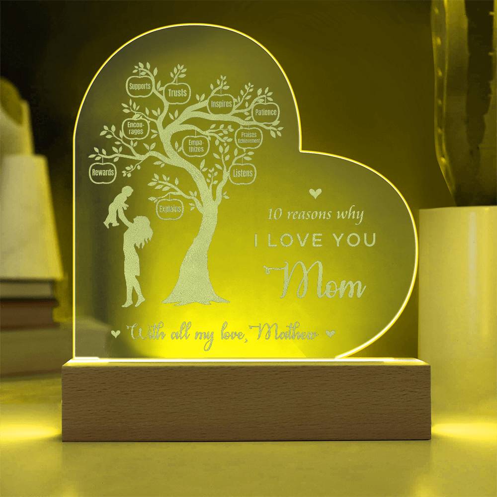 Reason Tree, 10 Reasons I Love You Mom Gifts For Mother's Day Custom Name Engraved Acrylic Heart Plaque