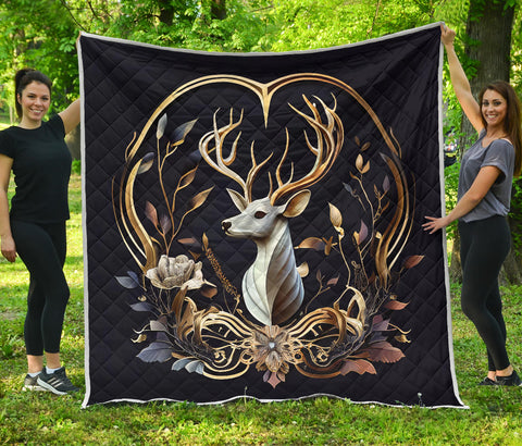 Deer Hunting White Gold Color Quilt Twin Queen King Size 33